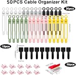50Pcs Cord Organizer Kit, Reusable Silicone Cable Ties, Strong Adhesive Cable Clips for Cable Management, Multipurpose Wire Management for Bundling and Fastening Various Wires (6 Colors)