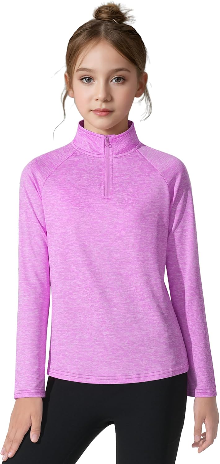 Girls Long Sleeve Shirts Quick Dry Athletic Tops Quarter Zip Pullover Kids Teens Sportswear for Golf Yoga Tennis 5-14 Years