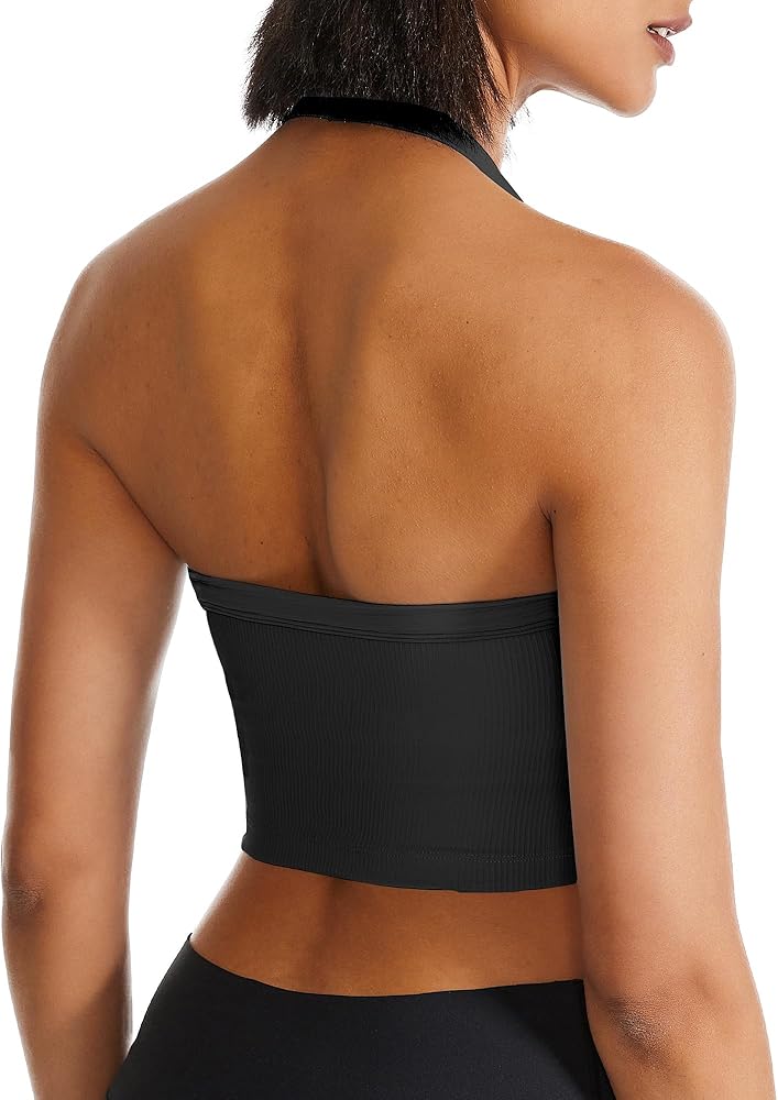 QUOJIZY Halter Sports Bra Longline Open Back Workout Top Ribbed