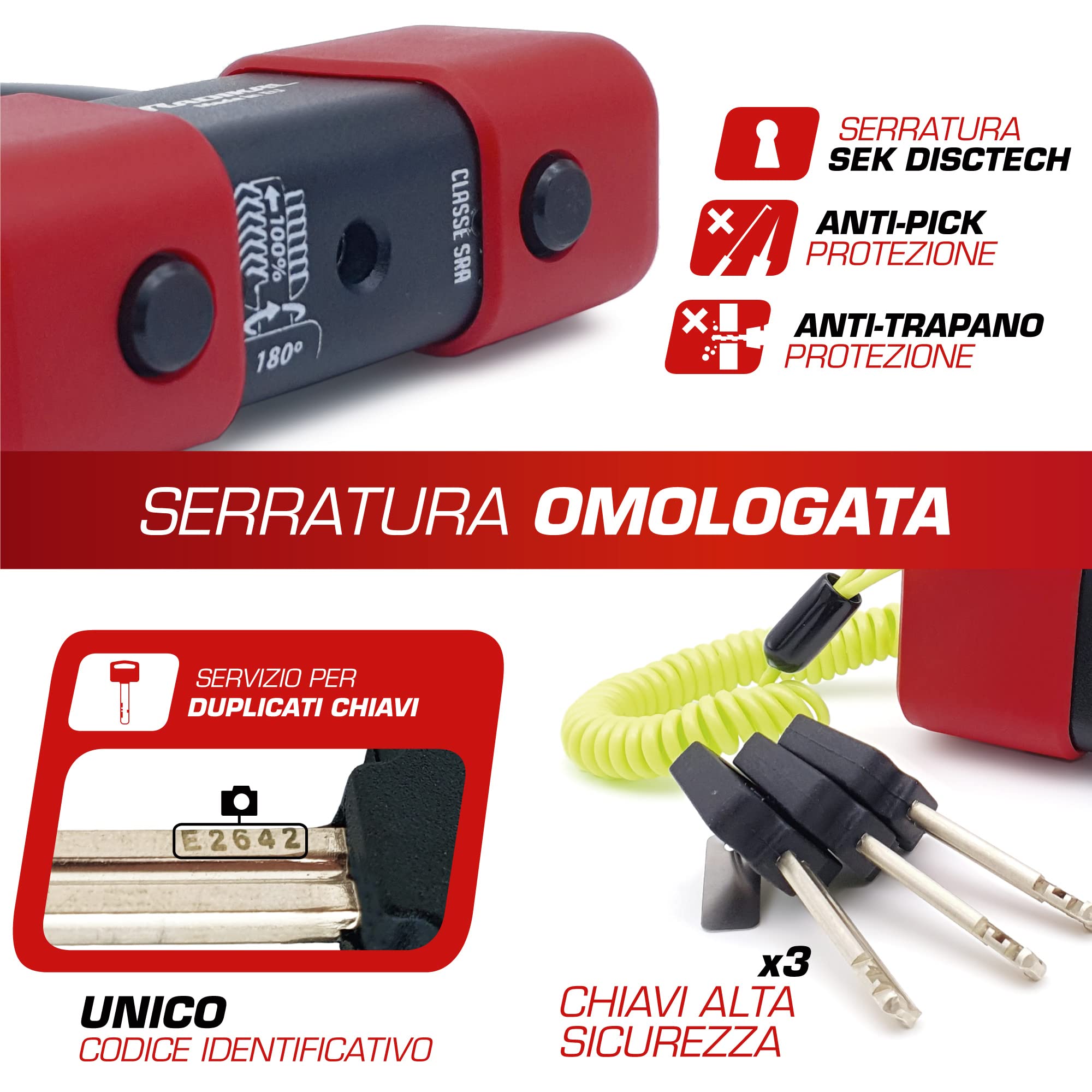 RADIKAL RK75 Antifurto Moto Sicurezza Premium, Blocca Disco per Moto Omologato SRA, Lucchetto Mini U 18mm Doppio Bloccaggio, Serratura Antiscasso, Bloccadisco Acciaio Cementato, Cavo Promemoria