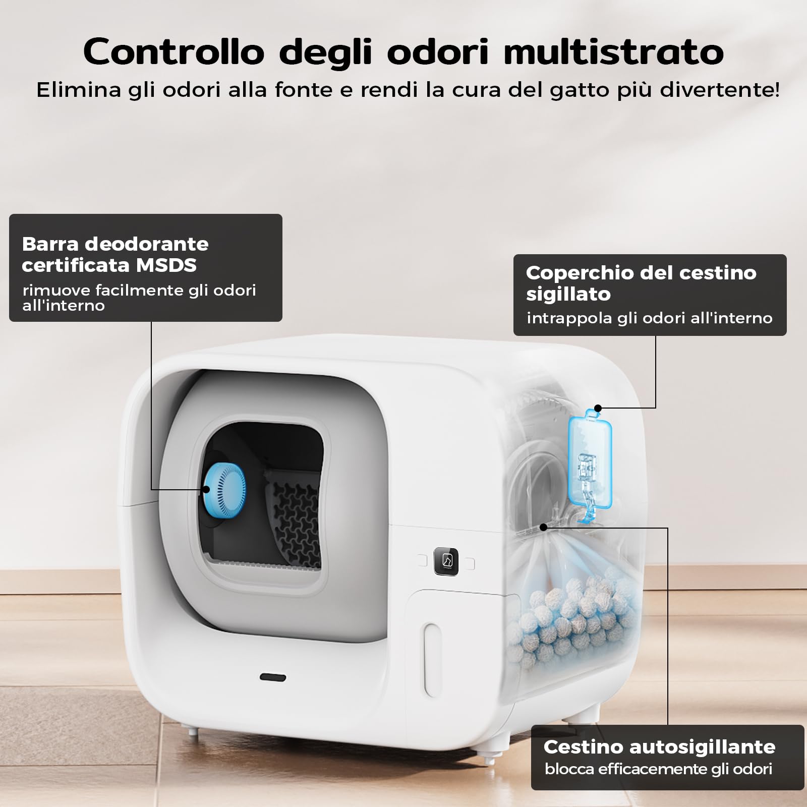 Amicura Cura3 Lettiera Gatto Autopulente Automatica - Auto-Imballaggio Senza Contatto, 7 Sensori Sicurezza TÜV, Anti-Fuite 360° & Antiodore, Controllo APP per Più Gatti Lettiera Autopulente per Gatti