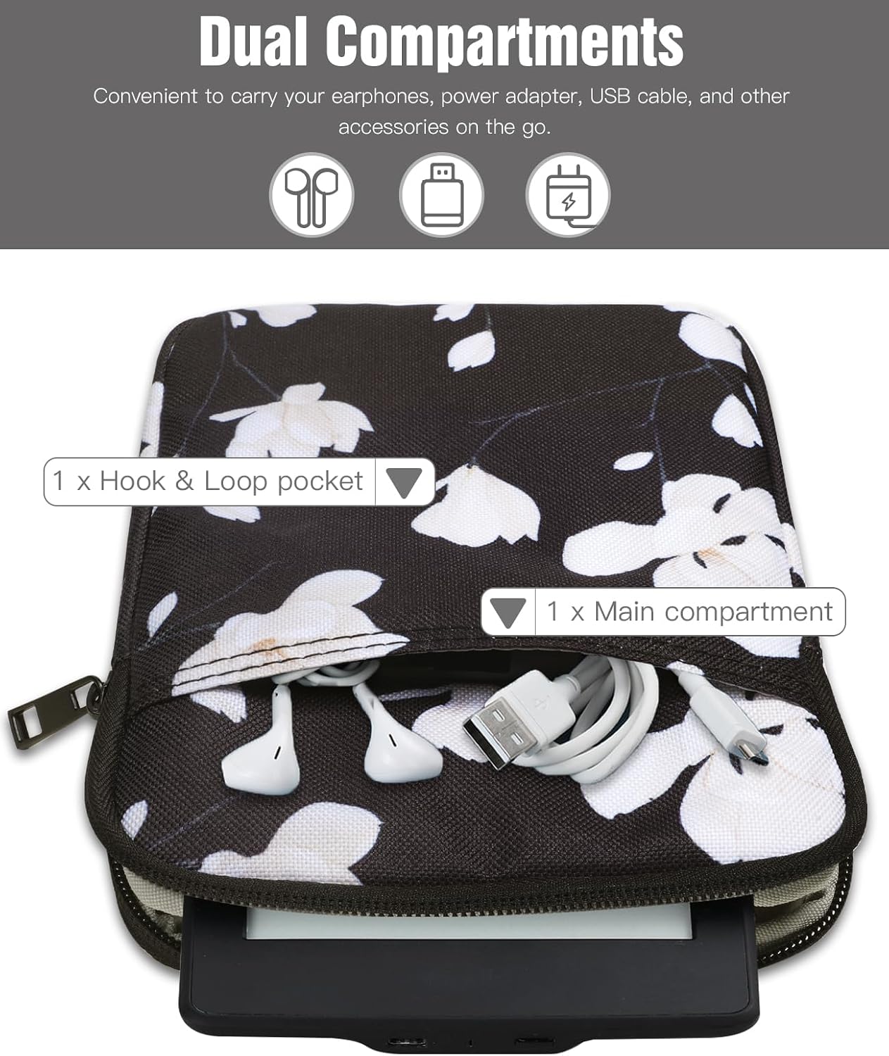 TiMOVO 6-7 Inch Sleeve Case for eReader Book Paperwhite/Colorsoft Signature Edition, Protective Sleeve Cover Pouch Bag Carrying Case for E-Reader/Oasis & Kobo Devices, Black&White Magnolia