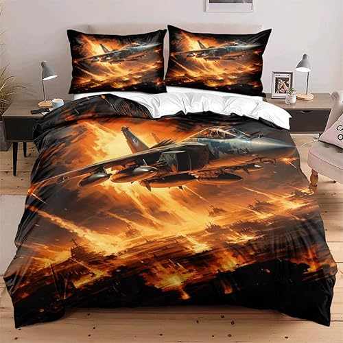Miniatura 3 de Ydtwnyq Juego de funda de edredón con patrón de aviones de combate para niños, adolescentes, llamas de aviones, juego de funda de edredón rojo y