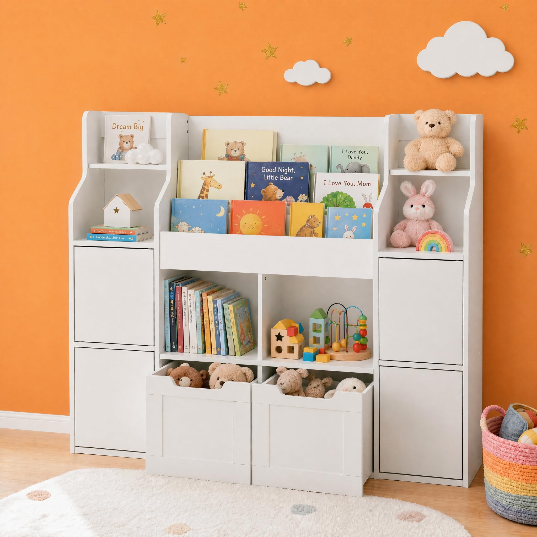 Mobile Porta Giochi, Libreria Montessoriana per Bambini a 6 Scomparti Aperti e 4 Ante, Mobile Giochi a 2 Cassetti su Ruote, per Cameretta e Stanza dei Giochi, 122x30x100cm Bianco