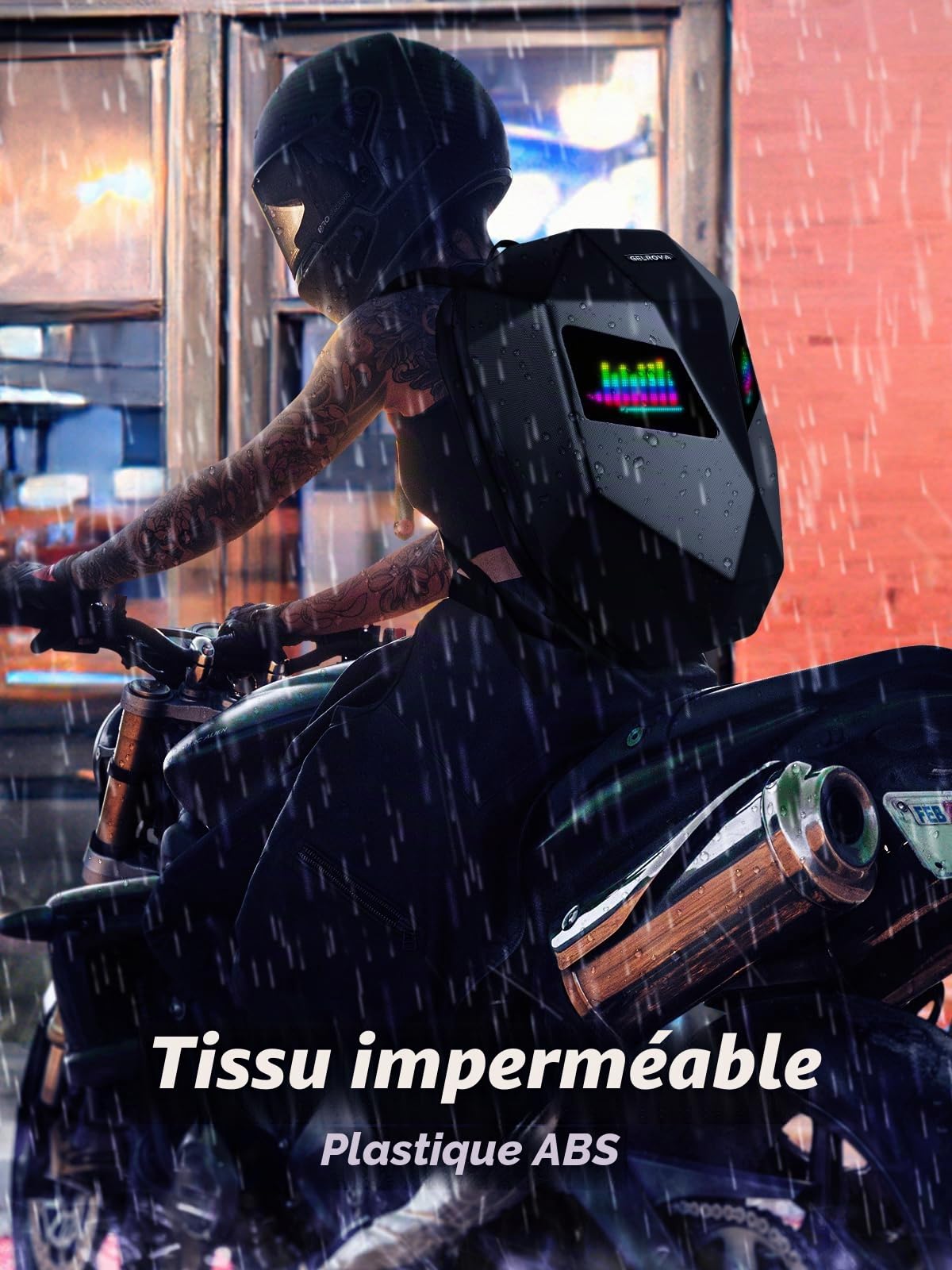 Gelrova Sac à dos pour Casque de Moto, 3D Hard Sac à dos Programmable Pour Moto, Dynamique, application, étanche, compatible avec les systèmes iOS/Android, écran LED, texte/image/animation GIF