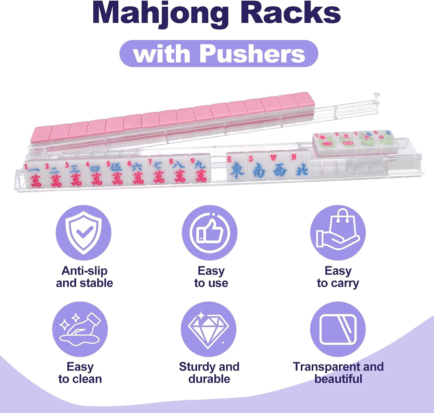Clear PS Material Advanced Non-Slip Mahjong Racks with Pushers, 4-Pack Sturdy Fade Resistant, American Mahjong Accessories, Gift-Ready Mahjong Gifts (Pink)