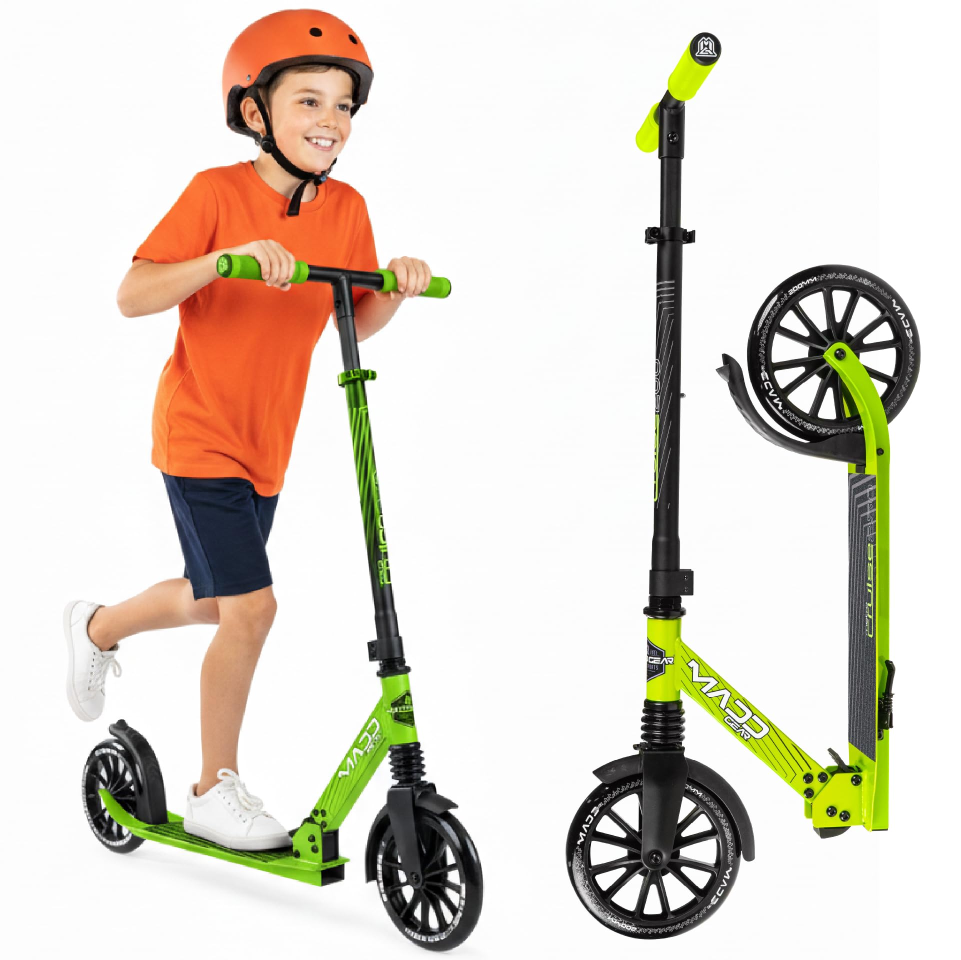 Madd Gear Metro 250 Folding Adult & Teen Scooter - Adjustable, Lightweight, 2-Wheel Commuter Scooter with Large Smooth Rolling Wheels (Black/Green)