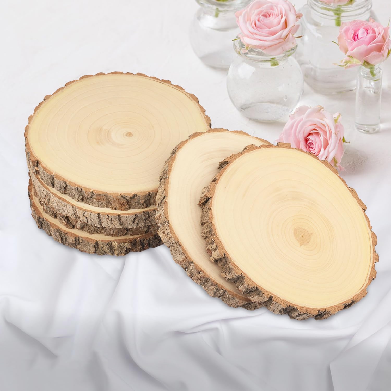 8 szt. 20-23 cm naturalne plastry drewna, niedokończone koła drewniane Paulownia z korą na podstawki, rękodzieło, Boże Narodzenie, rustykalne ozdoby ślubne i elementy centralne, 8 szt. GNIEMCKIN