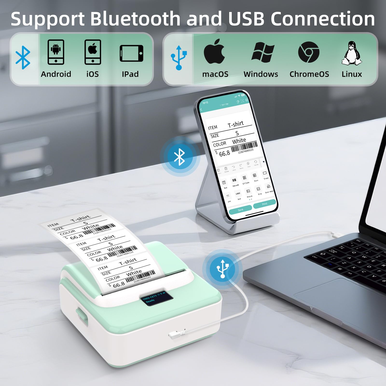 ORGSTA T003 stampante etichettatrice etichette termica adesive bluetooth & USB 2200 mAh 50mm/s portatile per negozio personalizzate prezzatrice barattoli