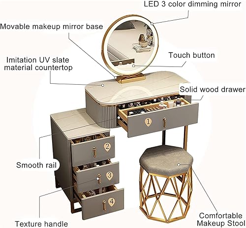 Miniatura 4 de Juego de mesa de tocador pequeña con taburete, escritorio de tocador con espejo LED y cajones, tocador con armario de almacenamiento, mesa de