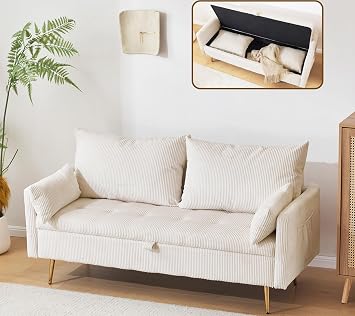 Furnimart 2 Seater Loveseat with Storage, 61" Corduroy Couch for Small Living Room, Bedroom, Tiny Homes & Lofts, Beige