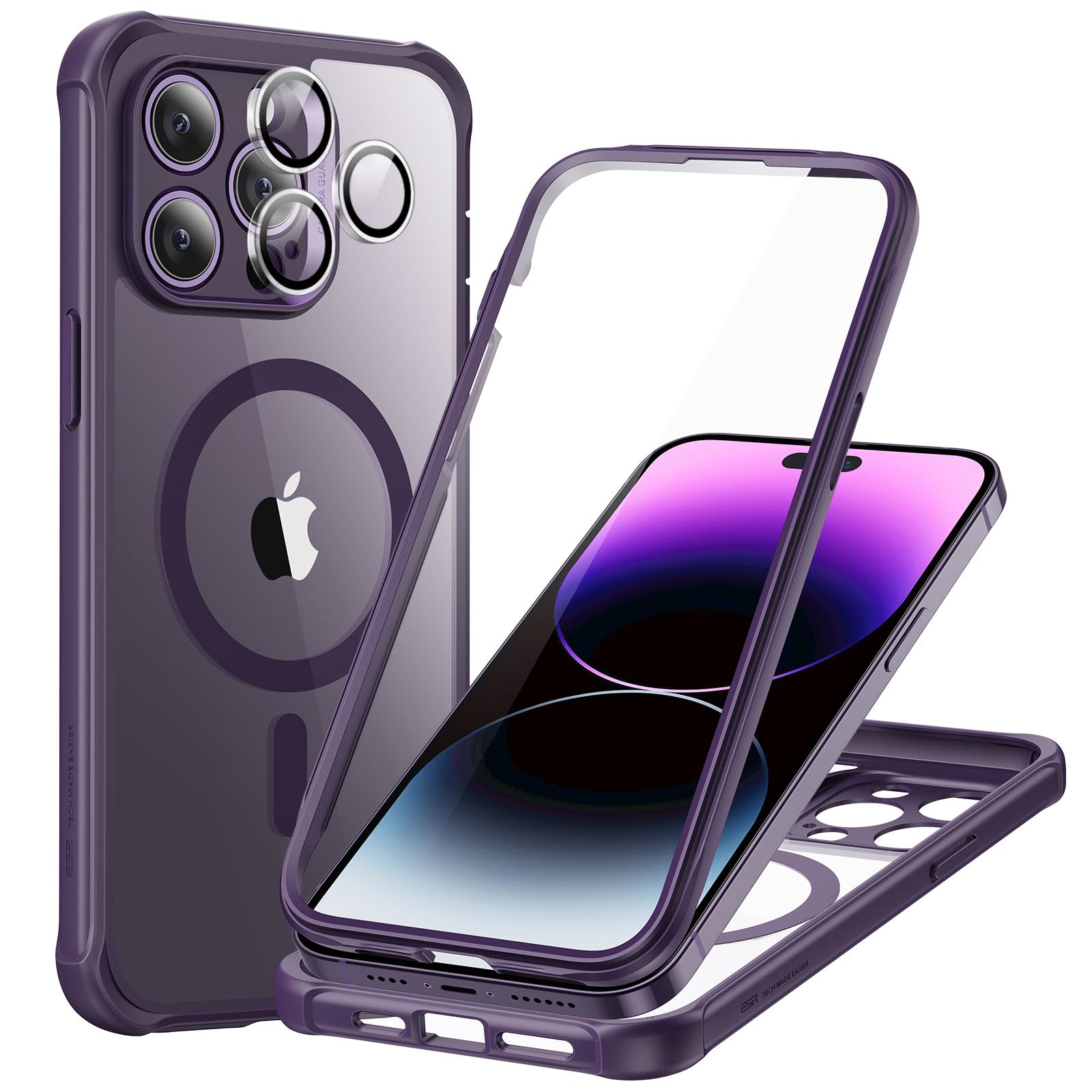 ESR for iPhone 14 Pro Max Case, Compatible with MagSafe, Full-Body Military-Grade Drop Proof Case with Built-in 9H+ Tempered Glass Screen Protector, Armor Series, Clear Purple