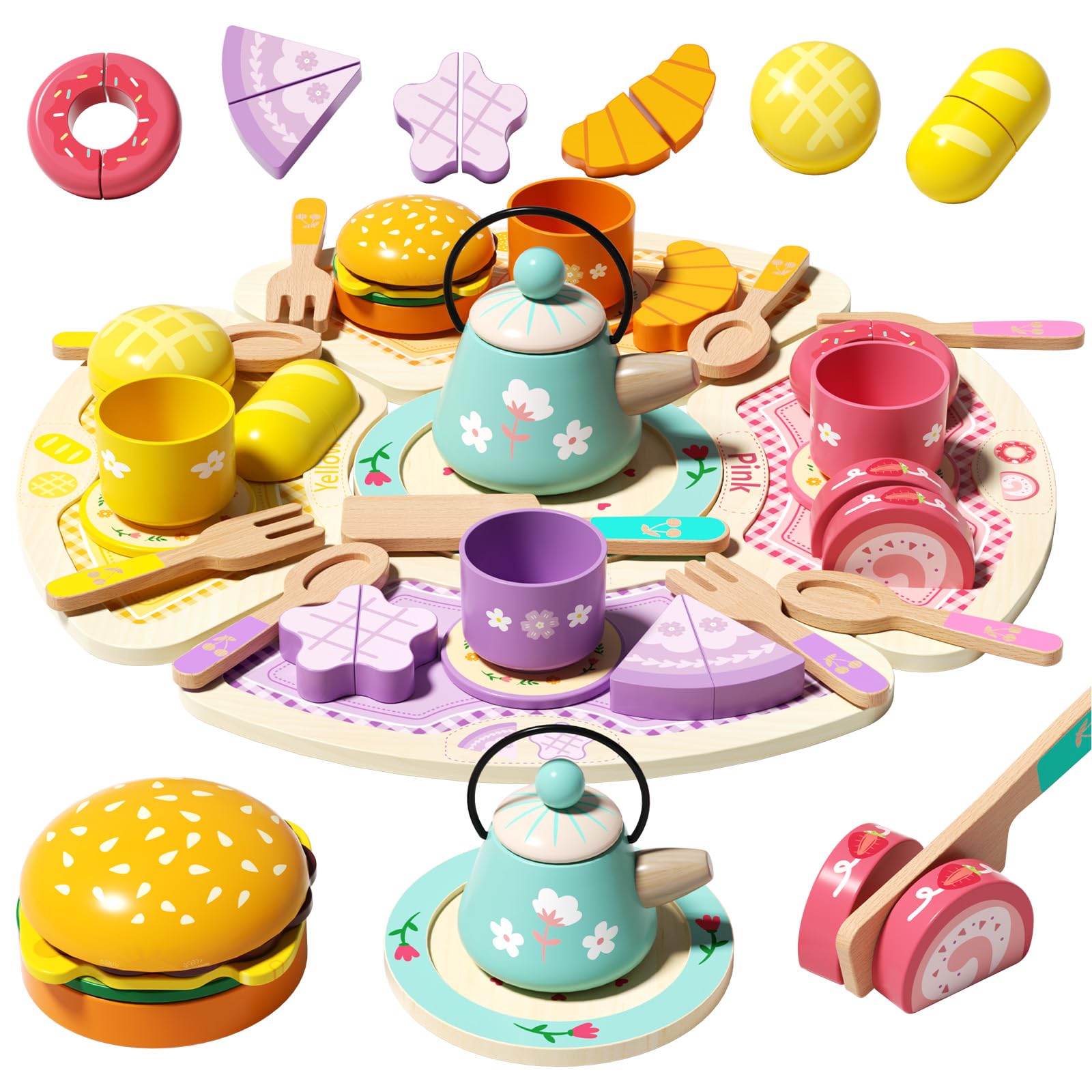 edutree Wooden Tea Party Set for Toddler 3-5, Pretend Play Kitchen Dessert Accessories Set for Kid Girls Boys Age 3 4 5 6, Educational Birthday Gift