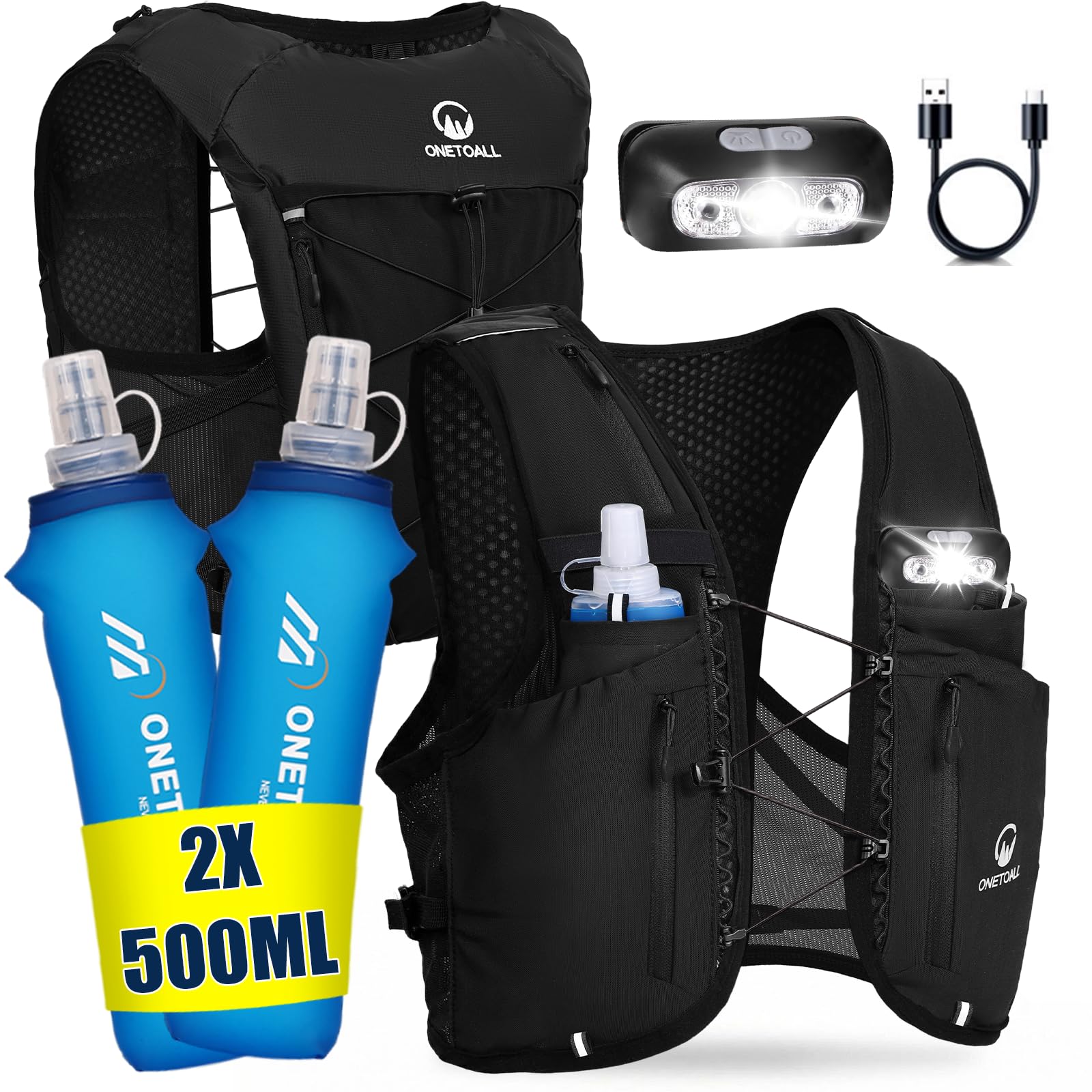 Gilet Running Uomo Donna, Zaino Trail Running, Running Vest con 2 Borraccia Morbida 500ml y Luce LED Ricaricabile, Gilet Corsa per Marathon Trekking Ciclismo Sci, Ultraleggero e Traspirante