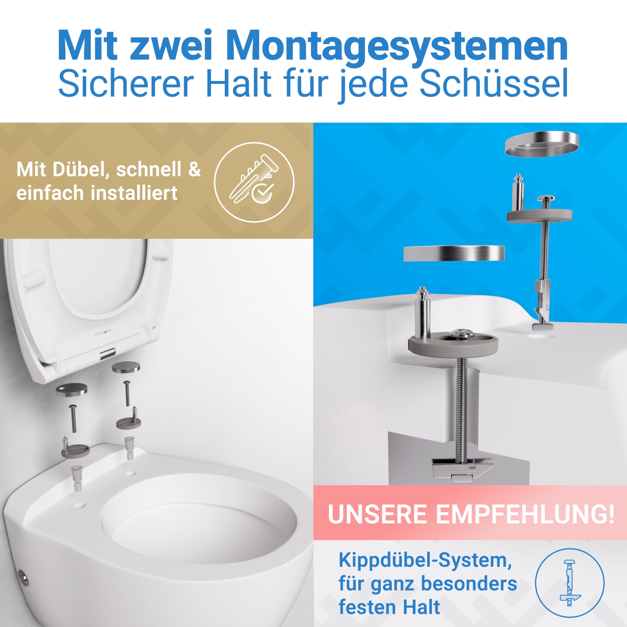 LOBENSWERK Toilettendeckel mit Absenkautomatik [Einfache Montage] antibakteriell & UV-beständig | Quick-Release-Funktion | Klodeckel, Klobrille, WC Sitz inkl. Installationsschablone