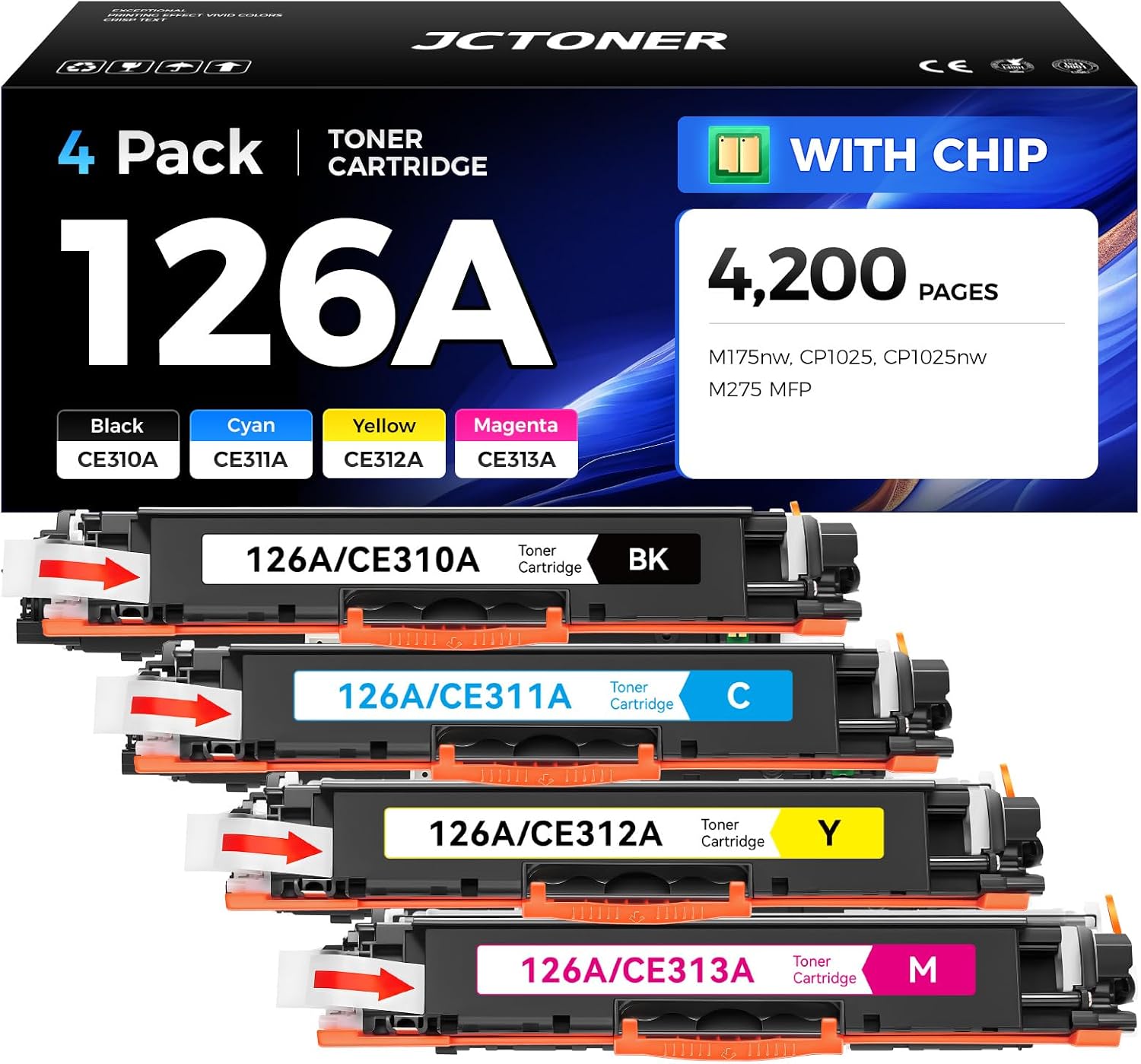 126A Toner Cartridge Set 4-Pack High Yield Replacement for HP 126A CE310A CE311A CE312A CE313A Compatible with HP LaserJet Pro 100 color MFP M175nw CP1025 CP1025nw TopShot M275 Printer Ink Black Copy