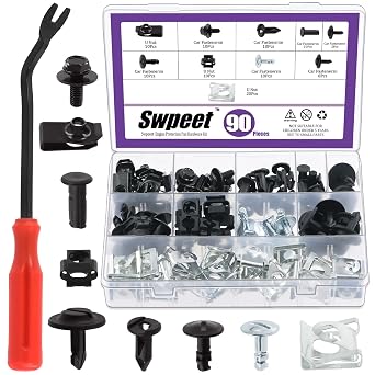 Swpeet 91Pcs Universal Metal Engine Under Cover Splash Shield Guard Body Bolts Bumper Fender Liner and Engine Protection Pan Hardware with Pin Clip Nut Kit, Car Clips Fastener Remover Tool for Car