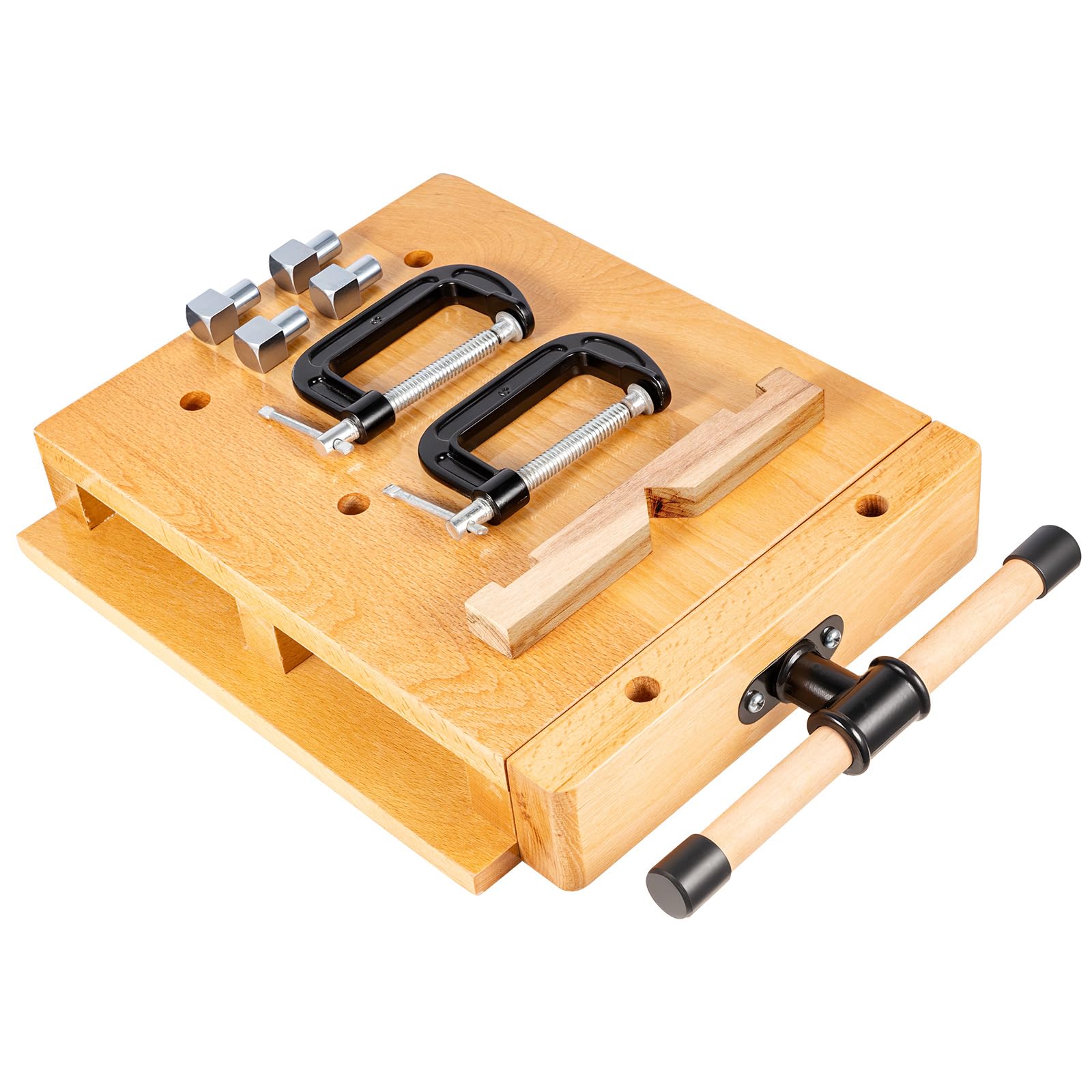GREENSAPPIRE Portable Woodworking Bench Vise, Mini Beech Wood Workbench with Adjustable Clamps, Mobile Desktop Wood Vise Table 45 * 35 * 7cm for Planing & Clamping