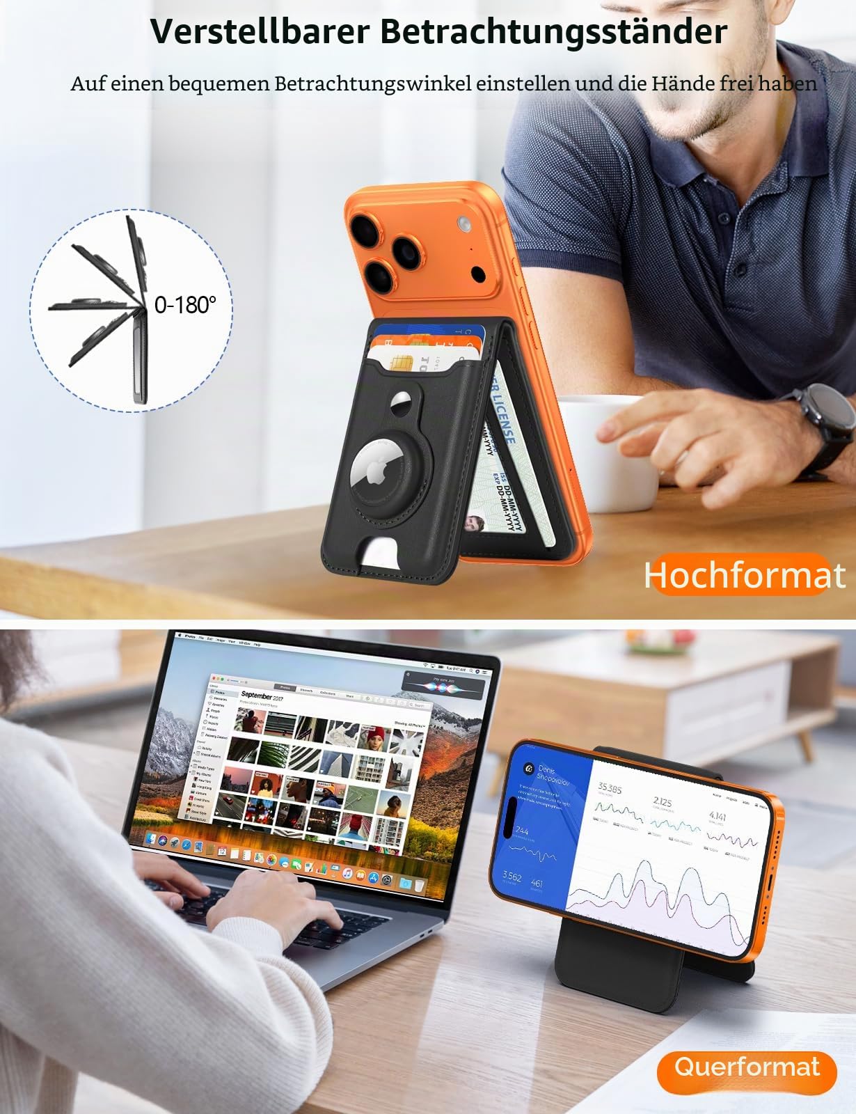 Stärkster Mag-Safe Wallet Stand mit Airtag-Halterung für iPhone 16/15/14/13/12 Serie, RFID-Leder, Ausweisfenster, magnetisch, 6 Kartenhalter, Schwarz