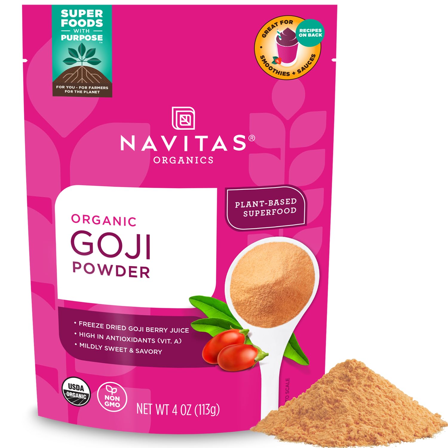 Navitas Organics Goji Powder – 100% Freeze Dried Goji Berry Juice – Antioxidant Boost – For Smoothies, Desserts & More – USDA Organic, Non GMO, Kosher, Vegan, Gluten Free (4oz. Bag, 12 Servings)