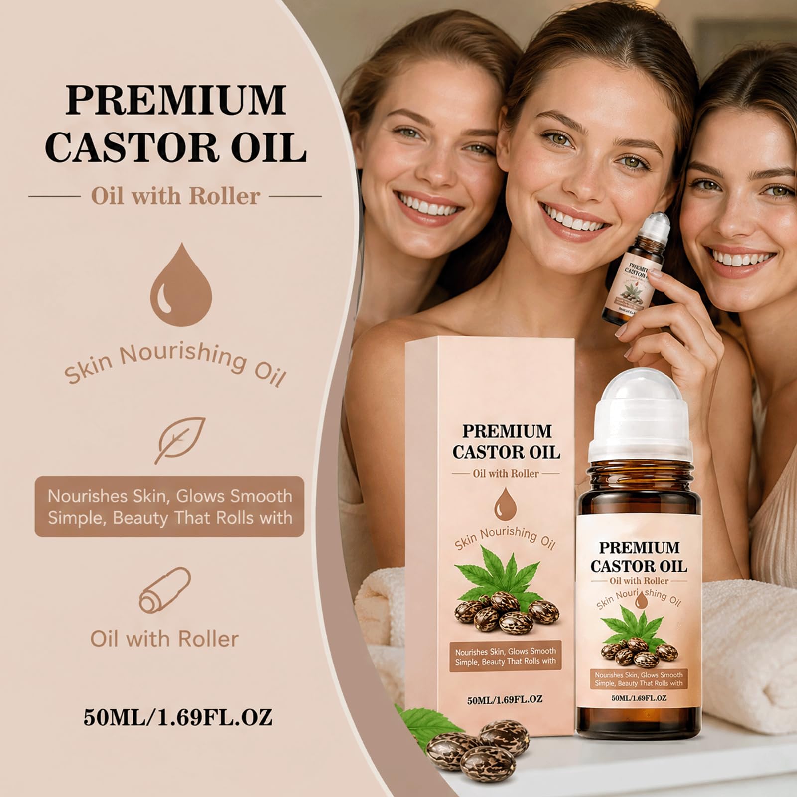 Organic Castor Firming Oil Rose Quartz Roller Ball - nawilżające serum pod oczy i skórki, tłoczony na zimno, wolny od heksanu olej rycynowy przeciwzmarszczkowy do skóry krepowanej (6szt)