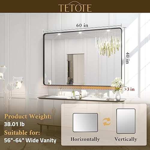 Miniatura 6 de TETOTE Espejo de marco negro de 60 x 40 pulgadas, espejo de tocador de baño para pared, moderno espejo rectangular de esquina redonda mate con marco