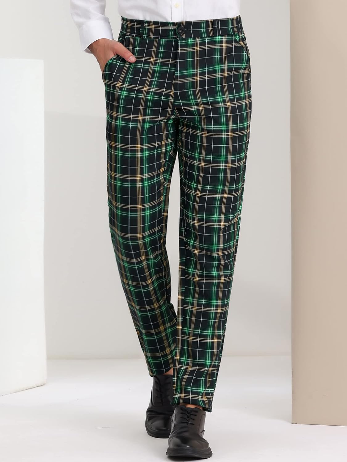 Lars Amadeus Men's Plaid Slacks Regular Fit Flat Front Work Prom Checked Dress Pants - Image 2