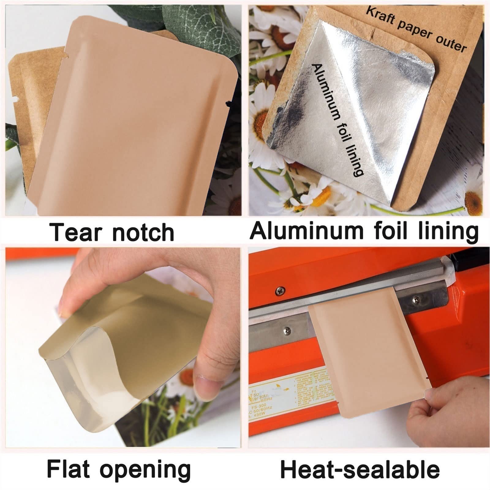 Bolsas de Pan con Ventana, 100 Bolsas Kraft con Interior de Aluminio, Apertura Superior, termosellado al vacío, Muescas for rasgar, Varios tamaños(15 * 22 cm)