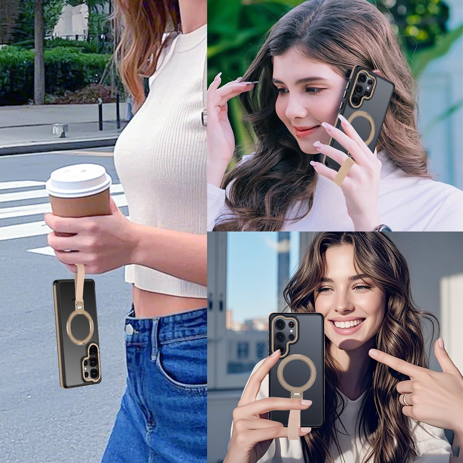 360°Spin Magnetic Stand with Silicone Strap for Samsung Galaxy S25 Ultra Case[Fit for MagSafe], Mil-Grade Shockproof Translucent S25 Ultra Phone Case with Kickstand Rotatable (Desert Gold)25