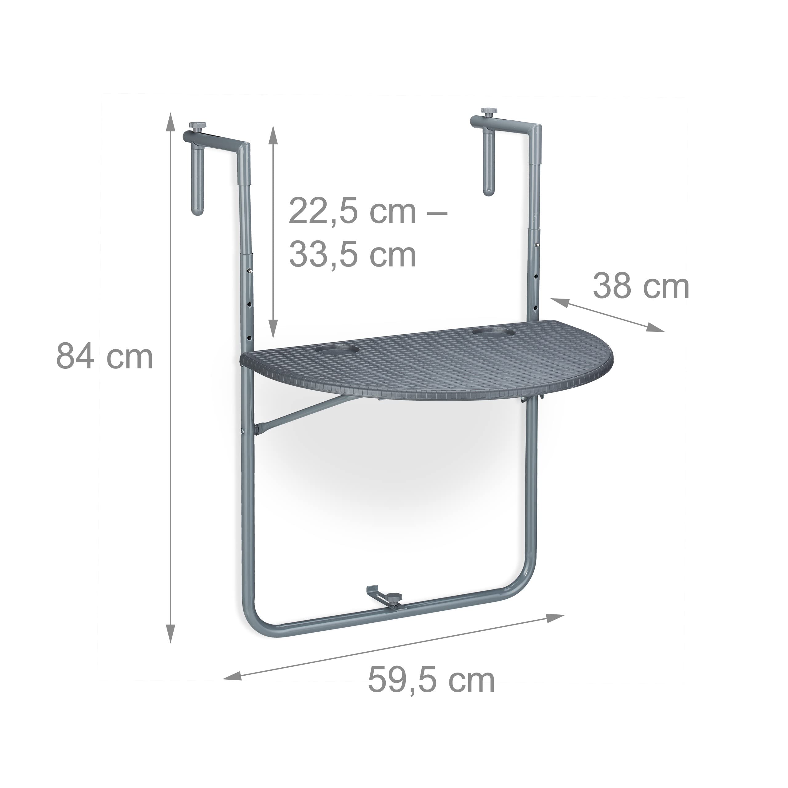 Relaxdays Tavolino da Balcone Pieghevole, 59,5 x 63 cm, Mini Tavolo Appeso, Regolabile in Altezza, Salvaspazio, Grigio