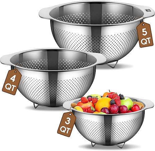 GOLDEN KEY Juego de 3 coladores de acero inoxidable para cocina, colador de pasta para espagueti, frutas, verduras, cocina, alimentos, coladores y