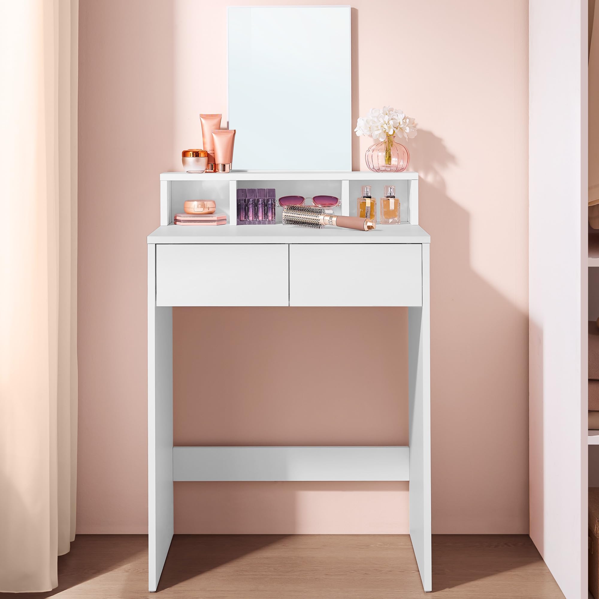 VASAGLE KAILYN Collection - Dressing Table with Large Mirror, Vanity Table with 2 Drawers and 3 Compartments, Makeup Table, Modern, White RDT103W01
