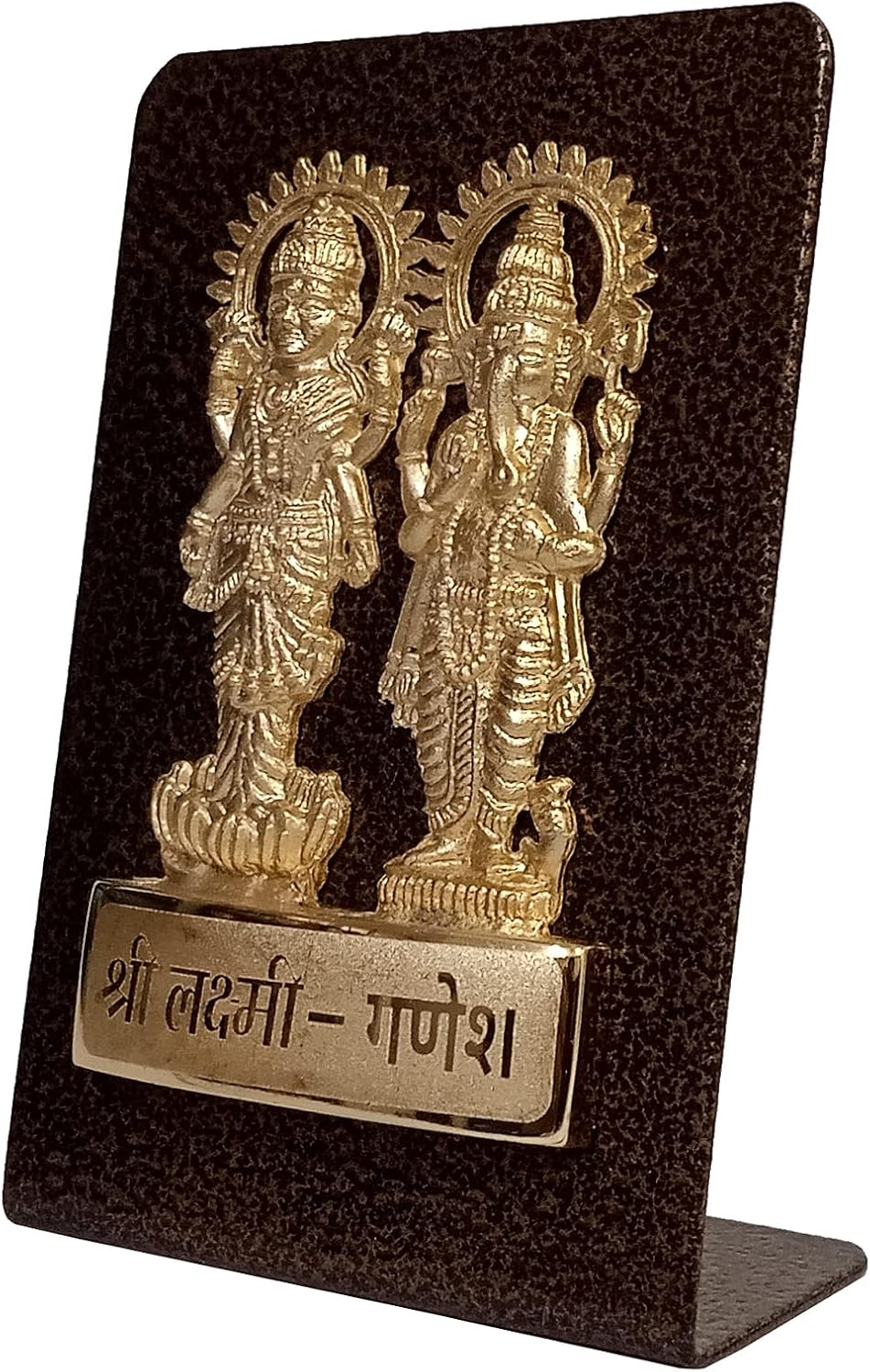 Purpledip Metal Idol Ganesha Lakshmi: Golden Statue for Home Temple, Work Study Table Or Car Dashboard (12616)