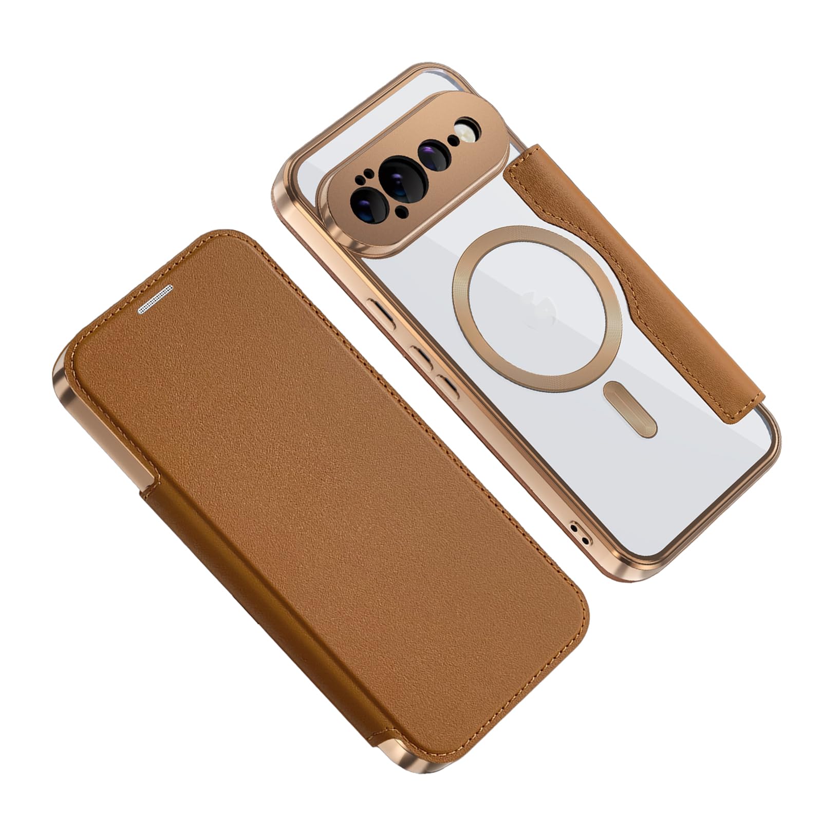 Custodia Per Google Pixel 11 Pro XL/ 11 Pro/ 11, Flip Cover Magnetica | Portafoglio Pelle Blocco RFID Slot Schede Trasparente Posteriore Guscio,Marrone,11
