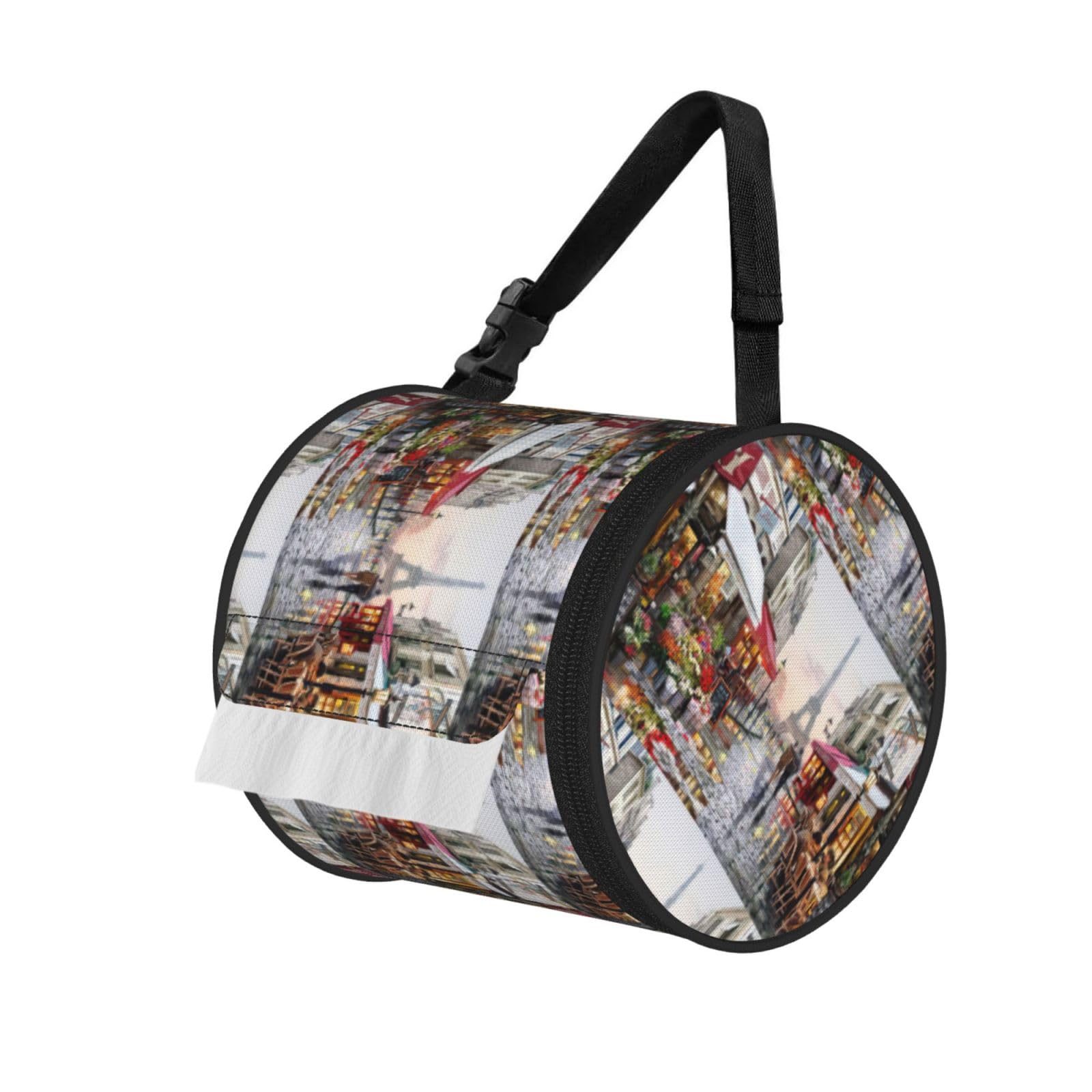 Oil Painting Paris Street Scene Eiffel Tower Printed Roll Paper Carrier Bag, Foldable Oxford Cloth Tissue Case for Camping Hiking Backpack