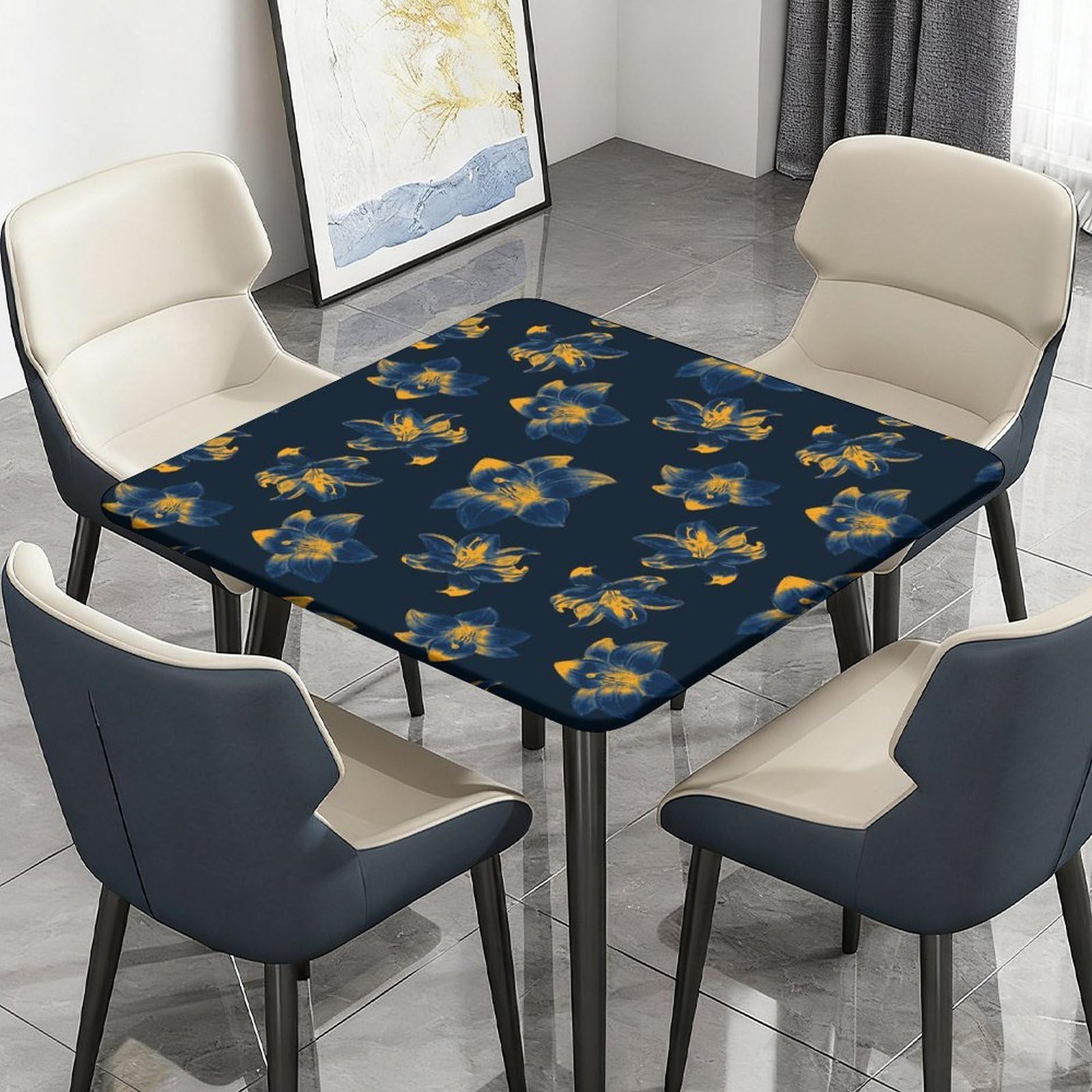Highdi Flowers Waterproof Square Tablecloth Cover - Oxford Cloth - Elastic Fitted for Kitchen/Garden Rectangular Tables, Stain-Resistant Wipe-Clean Table Cover (Orange,110x110cm)