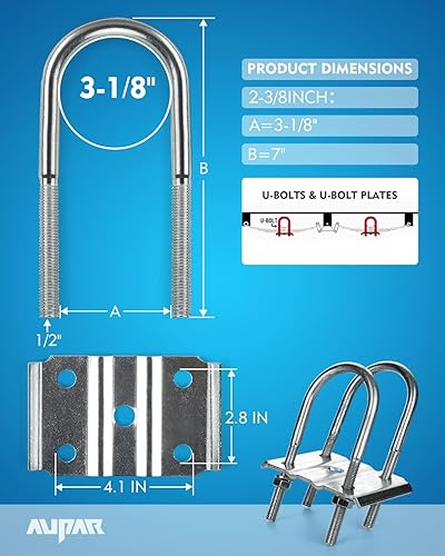 Miniatura 10 de Kit de pernos en U de remolque resistente, se adapta a ejes redondos de 2-38 pulgadas (3500 libras) - 5-12 pulgadas de largo
