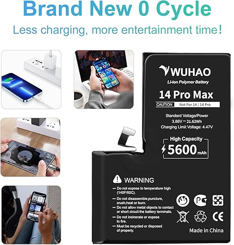 Miniatura 5 de WUHAO Batería de repuesto para iPhone 14 Pro Max, capacidad mejorada de 4800 mAh para iPhone 14 Pro Max A2894 A2651 A2893 A2895 batería con