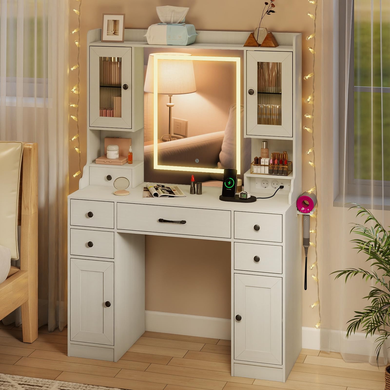 COSTWAY Coiffeuse avec Miroir, Lumières et Luminosité Réglable, Station de Charge, Bureau Coiffeuse, Support pour Sèche-Cheveux, 6 Tiroirs, 4 Armoires, Étagères, Table de Maquillage, 105 x 40 x 150 cm