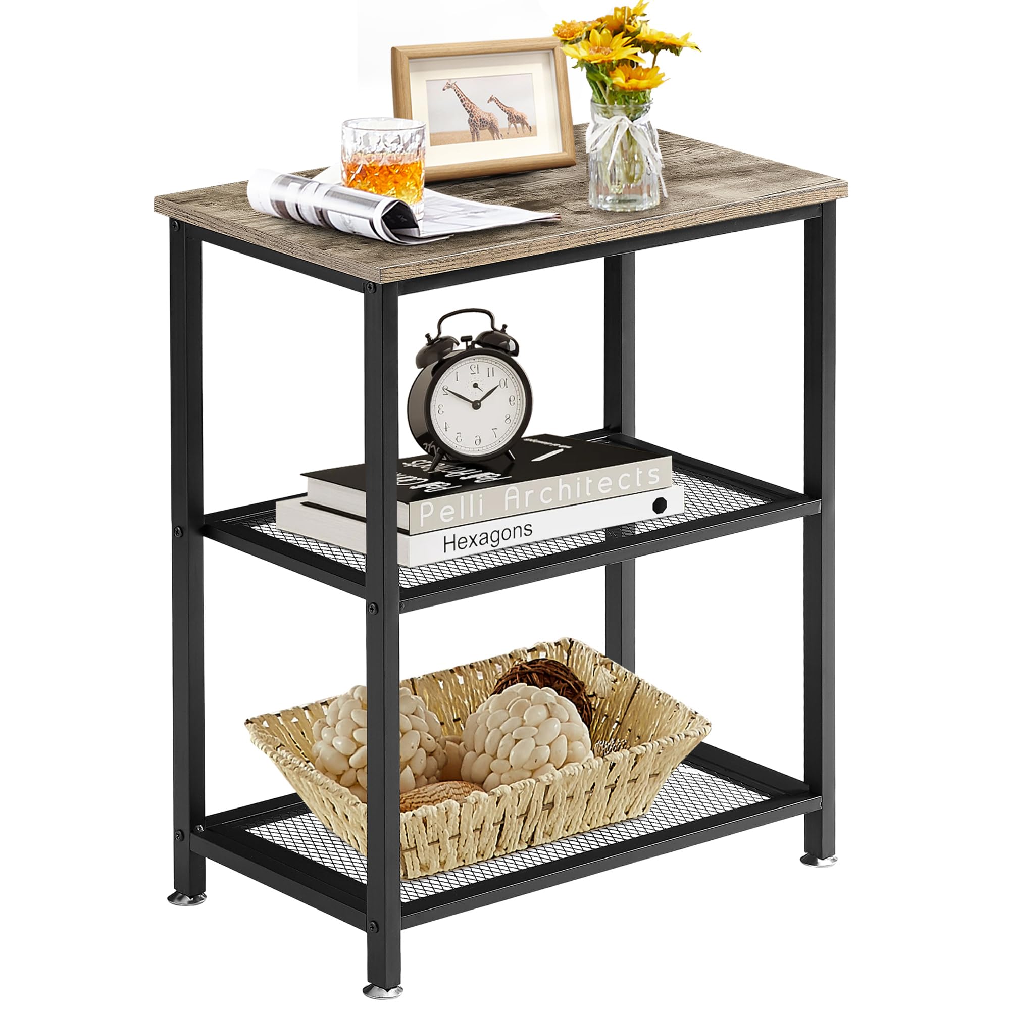 VECELO Tall End Side Tables, 30" Height Nightstand with 3-Tier Storage Shelf for Bedroom Living Room, Easy Assembly,Industrial Style, Grey