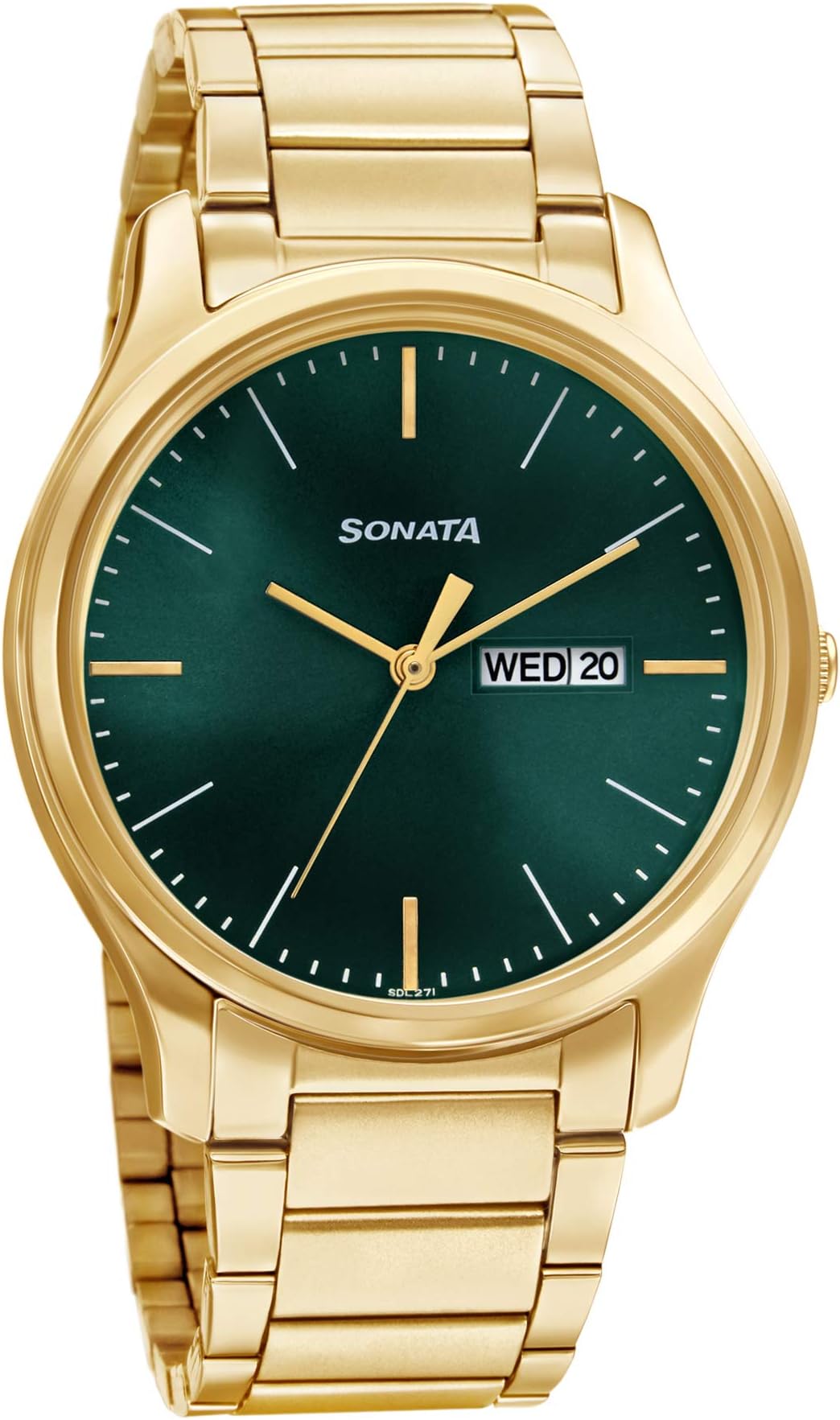 Essentials Quartz Analog with Day and Date Forest Green Dial Gold Stainless Steel Strap Watch for Men - NT77082YM05W