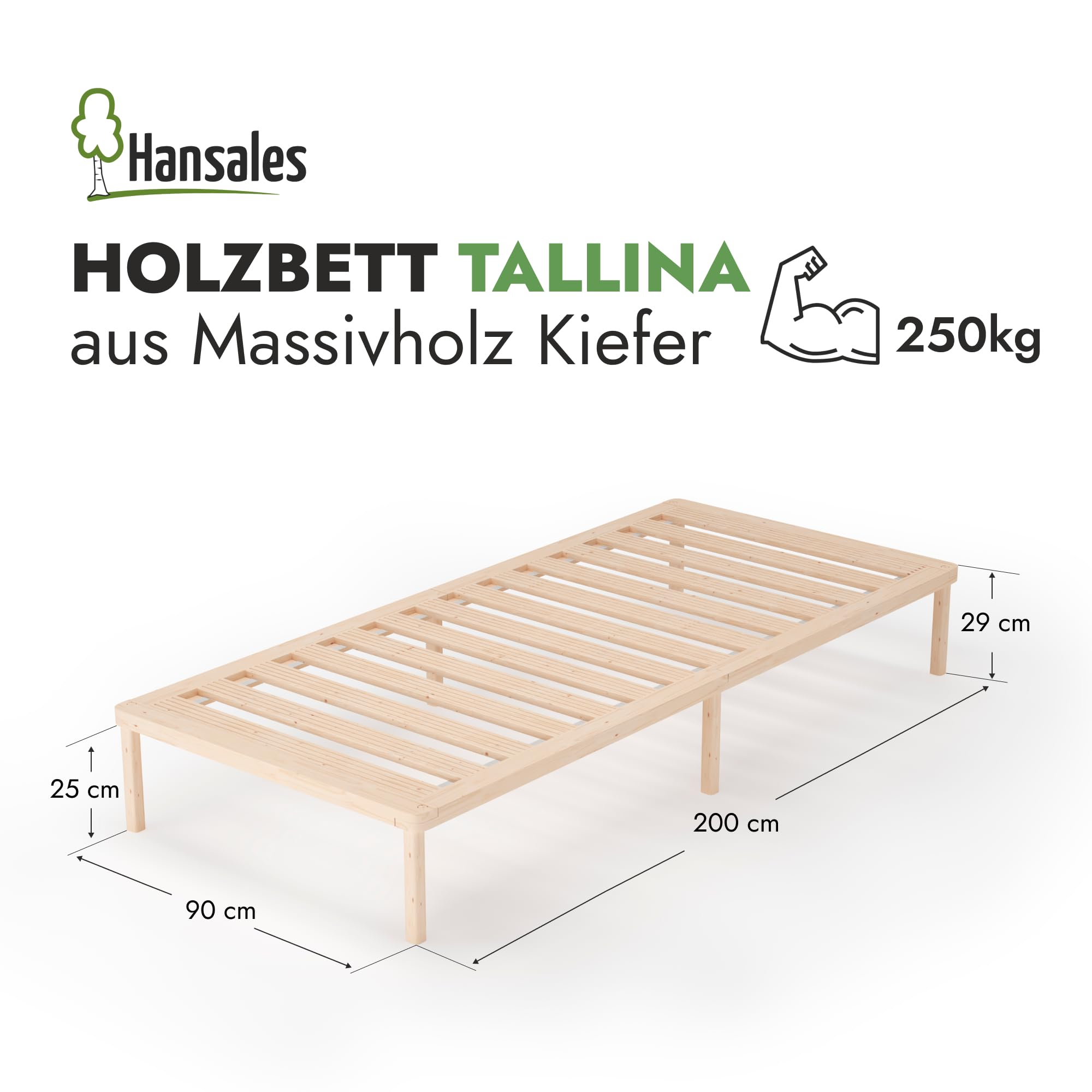 Hansales Bettgestell 90x200 cm Tallina mit Lattenrost, Futonbett aus Massivholz mit Rollrost, stabiles Holzbett belastbar bis 250 kg, FSC®-zertifiziertes Einzelbett mit Lattenrost.