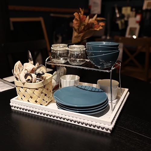 Miniatura 6 de Bandeja decorativa de madera para servir mesa auxiliar, bandeja rectangular de granja con cuentas de madera para otomana, entretenimiento,