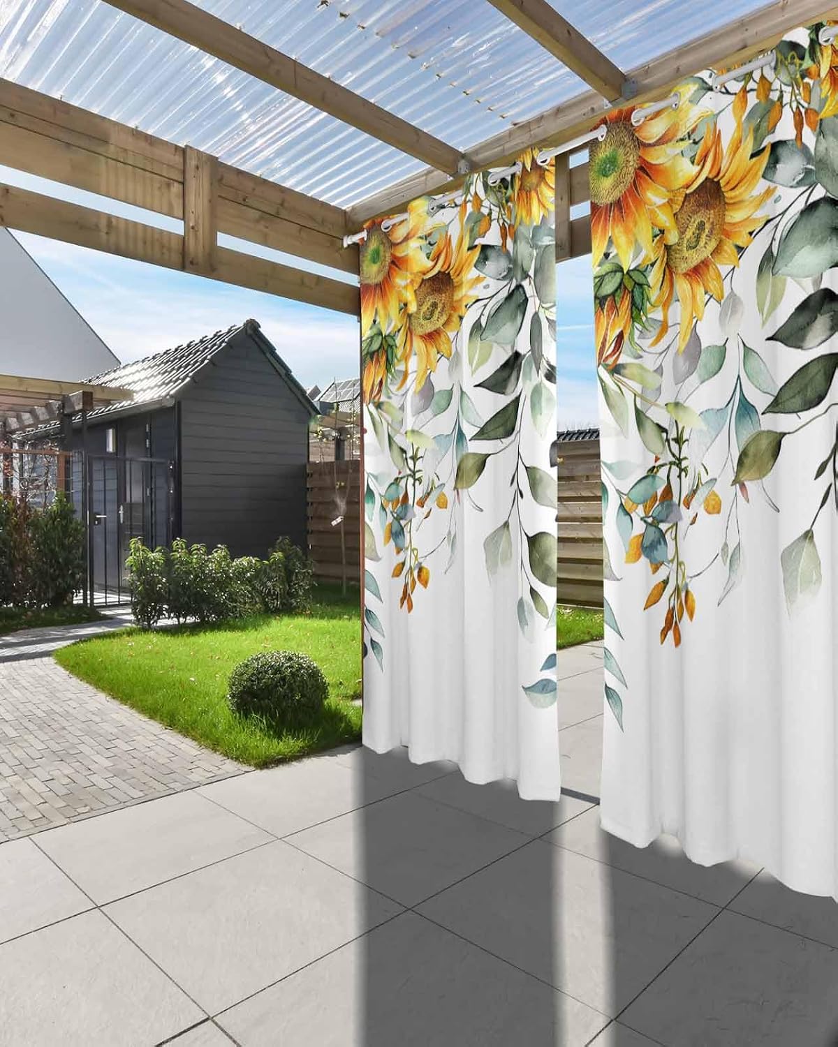 Outdoor Curtains for Patio Waterproof, Sage Green Eucalyptus Leaves Sunflowers Floral Windows Curtains Panels Light Filtering Outside Drapes for Living room/Pergola/Garden/Balcony 52"W x 108"L x 2