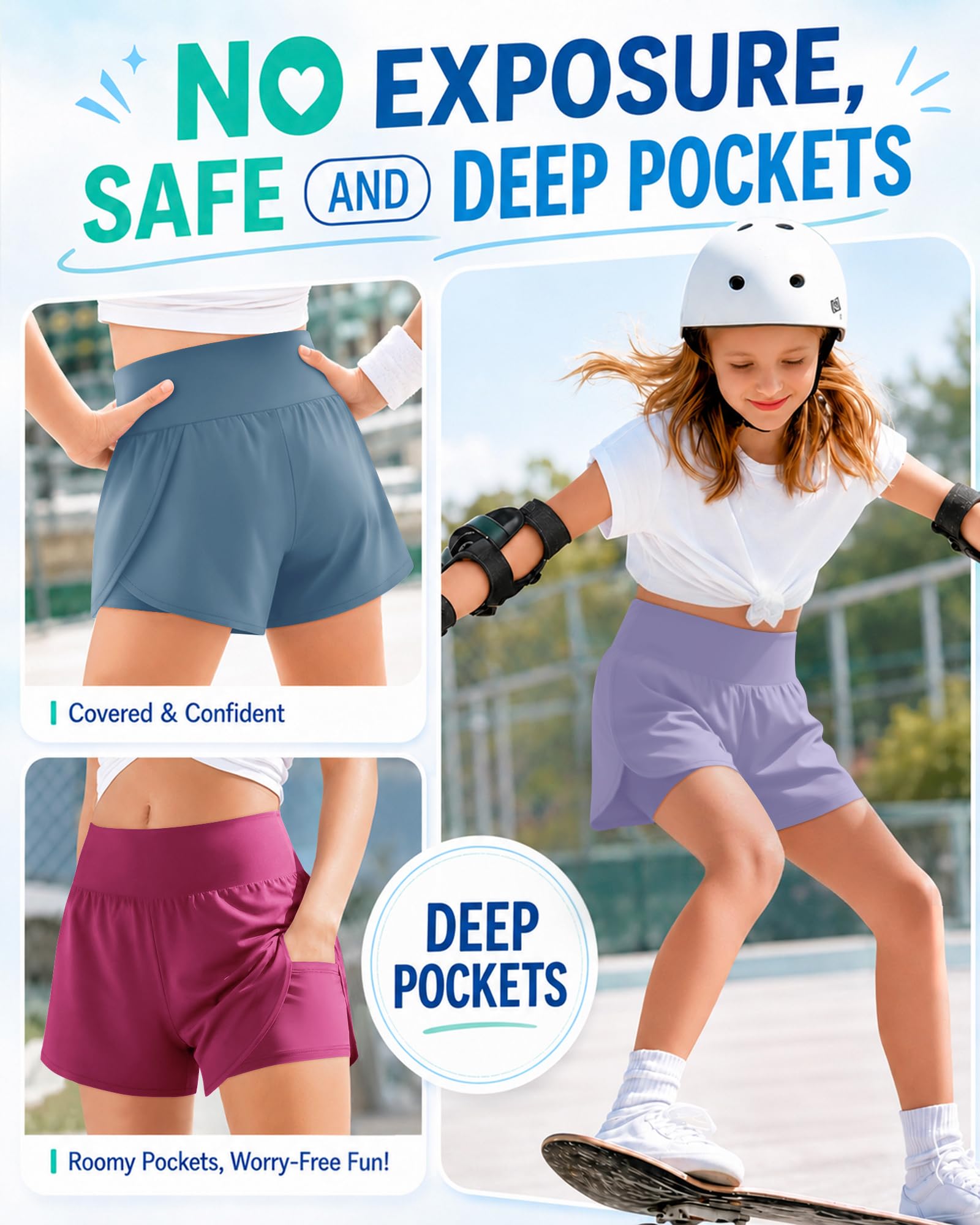Didaey Sportliche Yoga-Shorts für Mädchen, mit Innenfutter, 2-in-1, schnelltrocknend, hohe elastische Taille, Sommershorts mit Taschen, 3 Stück