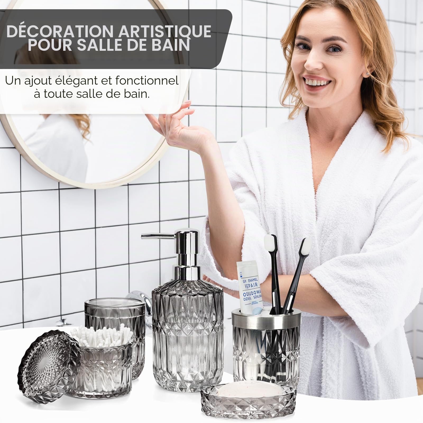 Lot de 5 accessoires de salle de bain, distributeur de savon en verre, porte-brosse à dents, gobelet, porte-savon et pot de rangement, décoration moderne pour salle de bain et cuisine pour maximiser