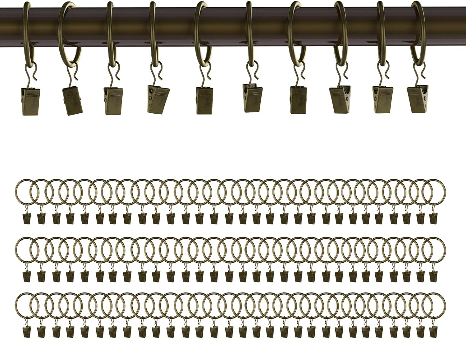 Curtain Rings with Clips 100 Pack, Bronze Curtain Clips with Rings, Drapery Rings 1 Inch Interior Diameter, Curtain Hooks with Clips Fits Up to 5/8 Inch Curtain Rod, Metal (Bronze,1"| 100 PC) 1 Inch Antique Bronze