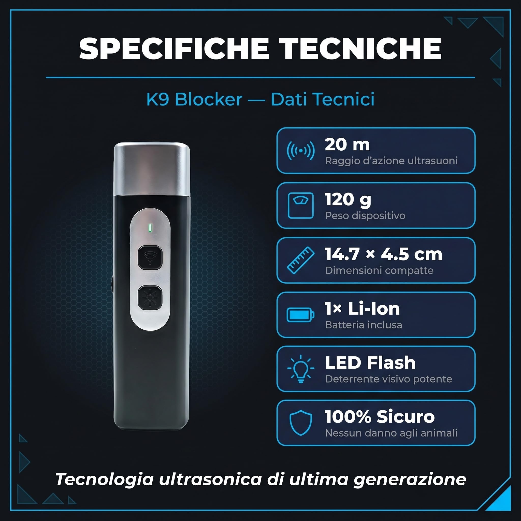 Dispositivo di Protezione da Attacchi di Cani con Ultrasuoni Potenti e LED Flash, Raggio 20m, Batteria Inclusa