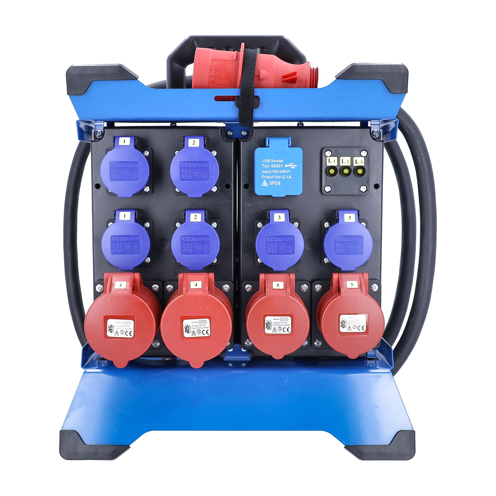 as - Schwabe CEE Stromverteiler STECKY 11, 4x SEV T23 IP55 & 2x CEE 16 A, 400 V 11 kW, 2,5 m H07RN-F 5G2,5, Robustes Metallgestell, IP44 spritzwassergeschützt