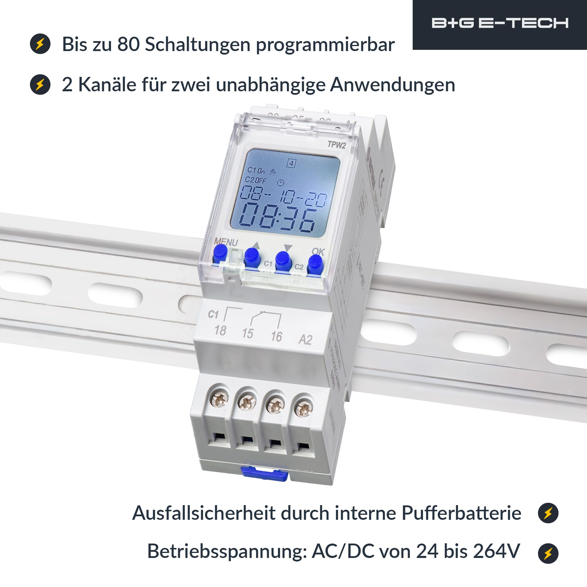 Digitale 2 Kanal Zeitschaltuhr TPW2 Hutschiene Schaltschrank LCD Display Wochenzeitschaltuhr 80 Programmplätze Timer Impuls